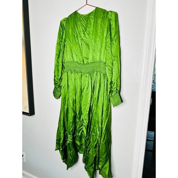 ALLSAINTS Estelle Green Satin Silk Long Sleeve Handkerchief Midi Dress Size 8 - Picture 8 of 14
